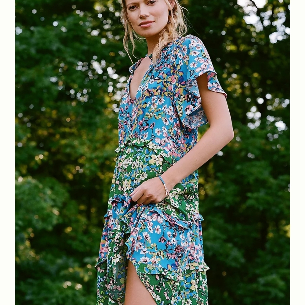 Anthropologie Robin Tiered red yellow floral mini sundress short sleeves Large - Picture 9 of 16